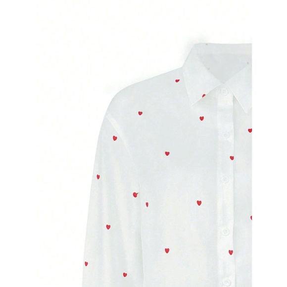 White Casual Shirt Red Hearts Button Down Up Long Sleeve - Picture 11 of 11